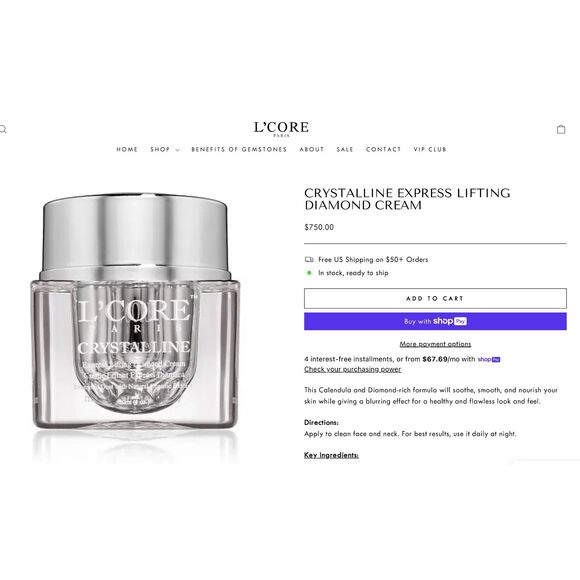 L'CORE Paris CRYSTALLINE Express Lifting Diamond Cream (NEW SEALED) 1oz/30ml - Picture 2 of 5